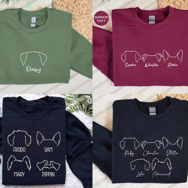 Sudadera con capucha con contorno de orejas de mascota bordadas y nombres, regalo para amantes de las mascotas 